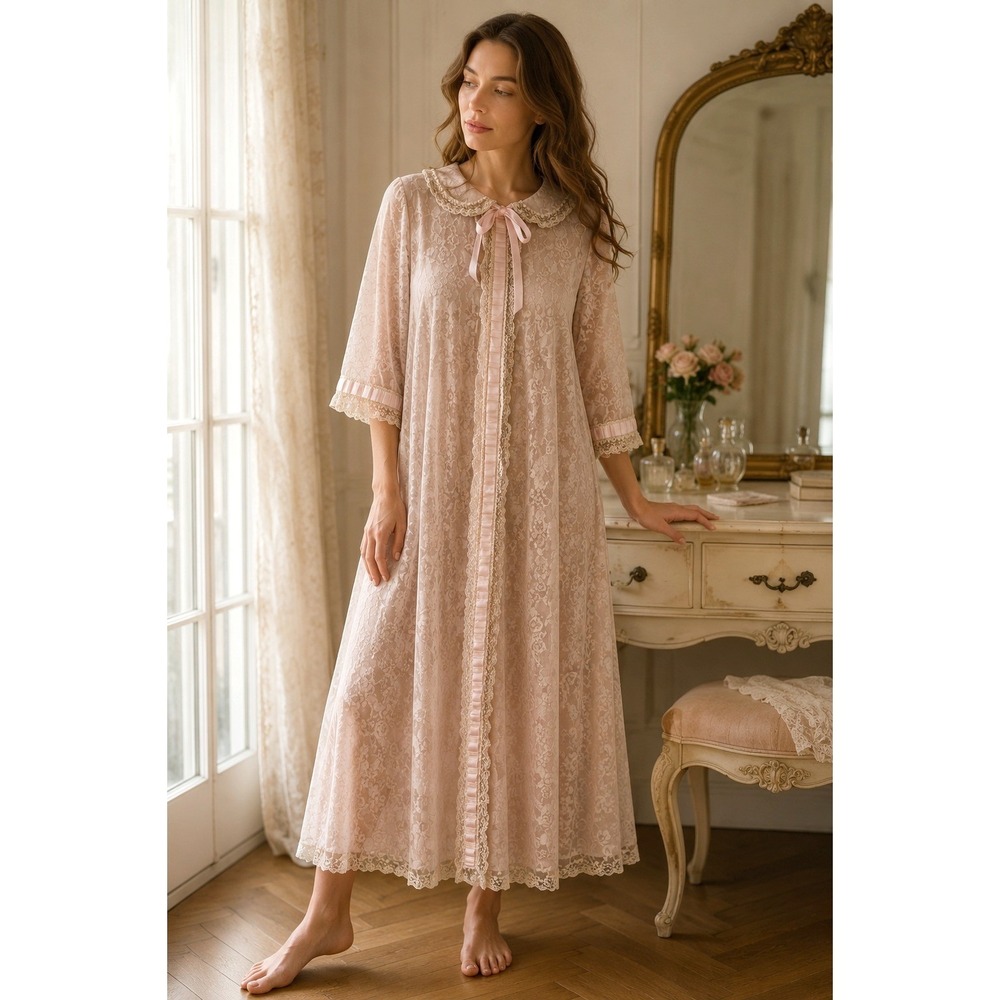 Vintage Odette Barsa Rose Beige Lace Peignoir Robe Ribbon Trim Boudoir  Romantic